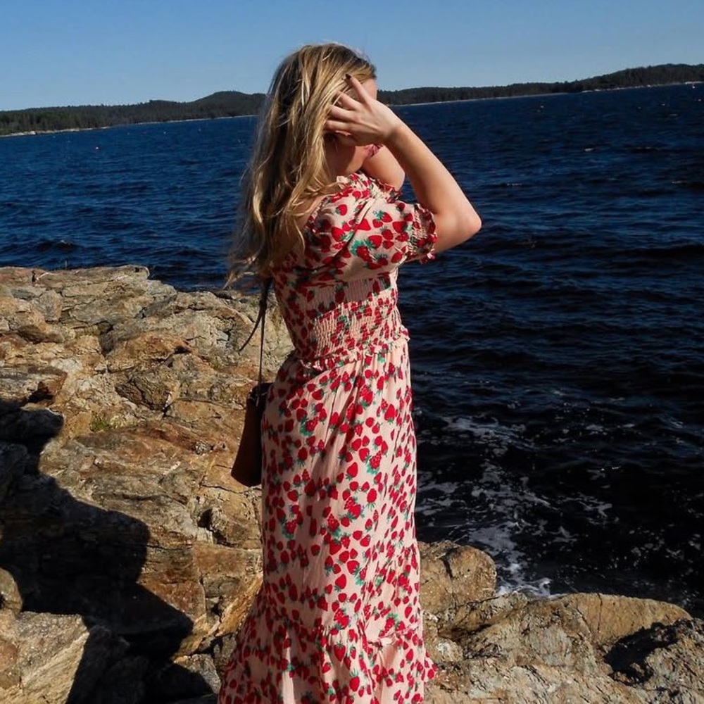 Pink Strawberry Challis Maxi Dress by Betsey Johnson
